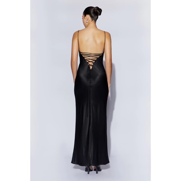 Meshki Slip Dress Cora Black Tie Back Slinky Cocktail Gown Long Bias Cut Size L - Picture 2 of 12